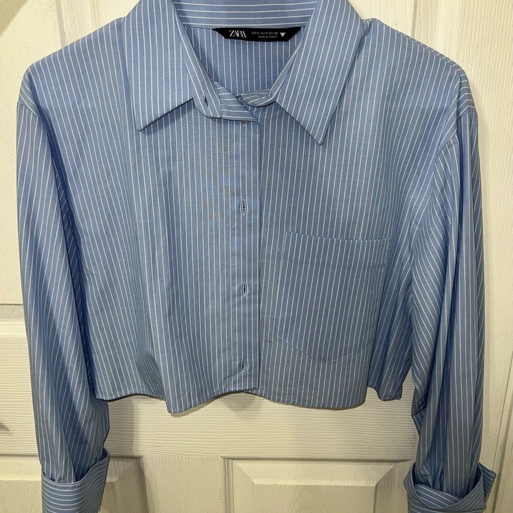 Zara Light Blue Striped Cropped Blouse